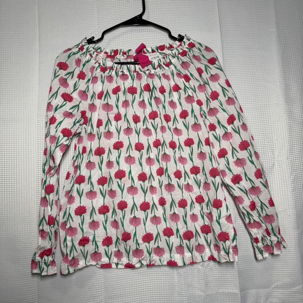 J.Crew Floral Blouse Cotton Long Sleeve Tie Back Pink White XS Cottagecore